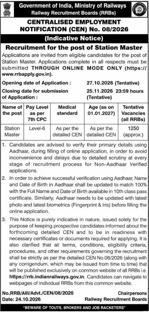 Indian Railway RRB Station Master CEN 08-2026 Online Application (2)